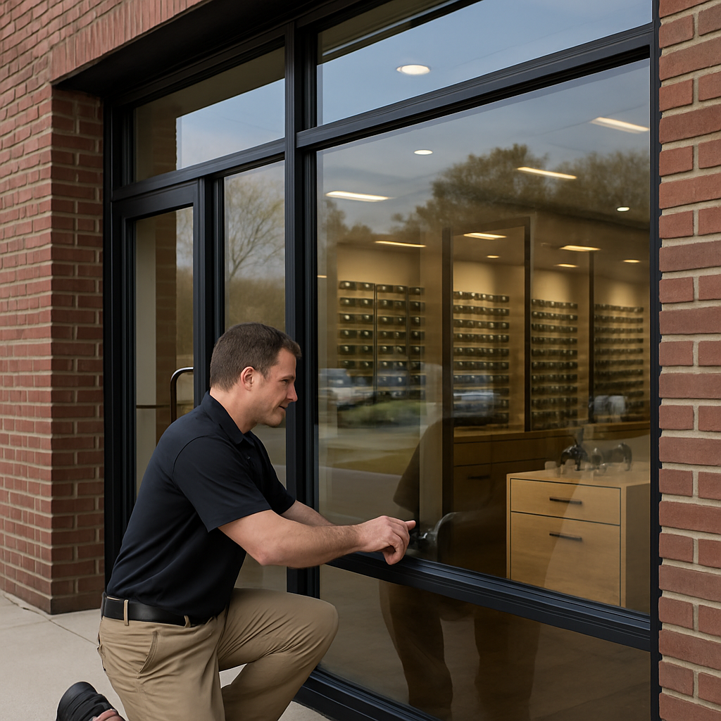 Professional photo of a commercial storefront in Salem with LLumar Vista film applied; clear view th
