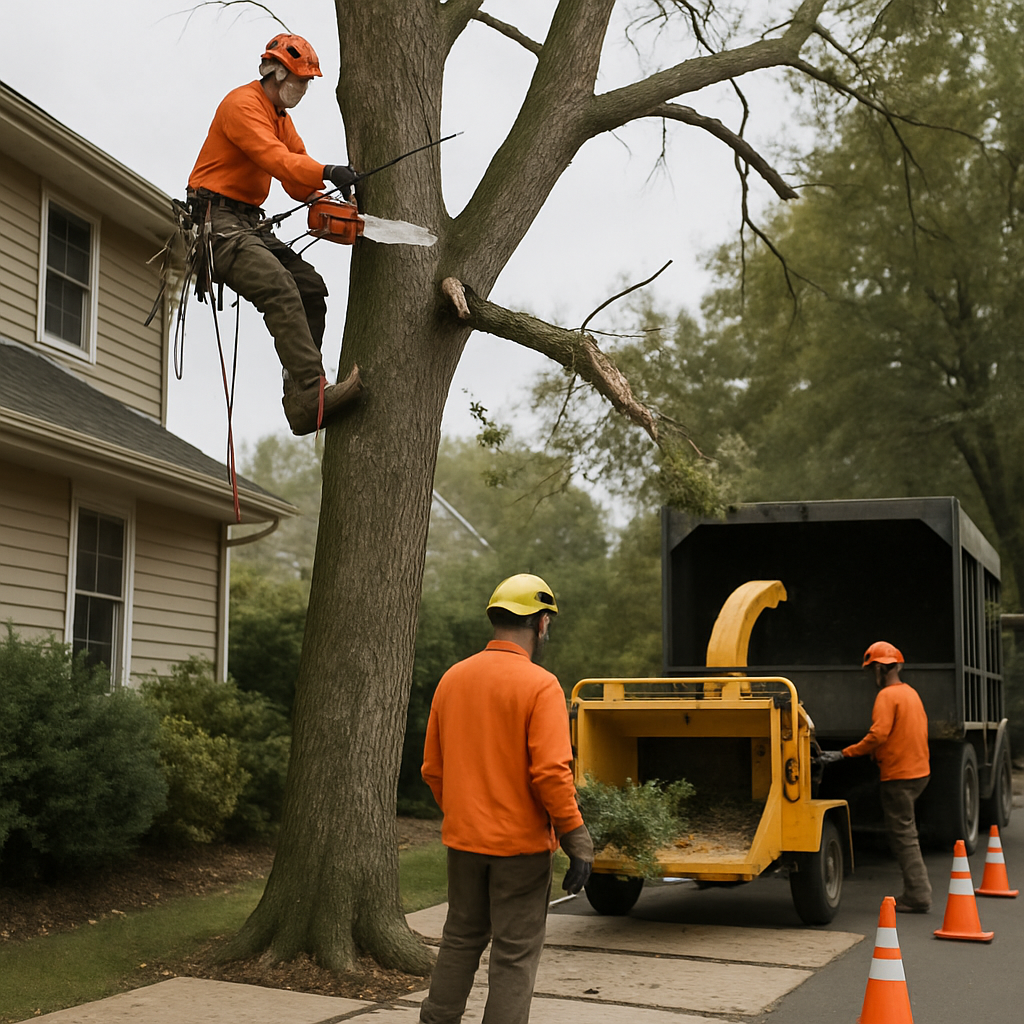 Photo realistic image of a professional tree crew performing sectional tree removal near a house: cl