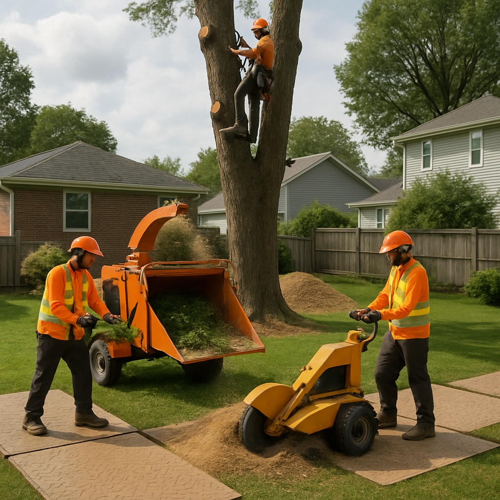 Professional crew performing sectional tree removal in a tight suburban yard, showing wood chipper
