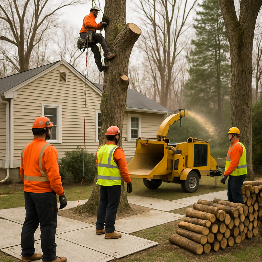 Professional tree crew performing sectional tree removal near a house, using ground protection mats