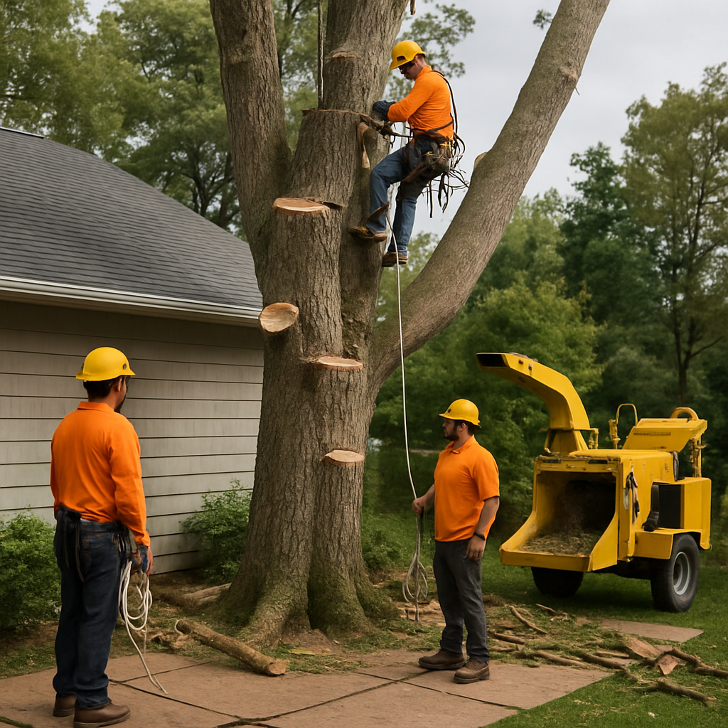 Professional tree crew in action performing sectional tree removal near a residential roof with grou