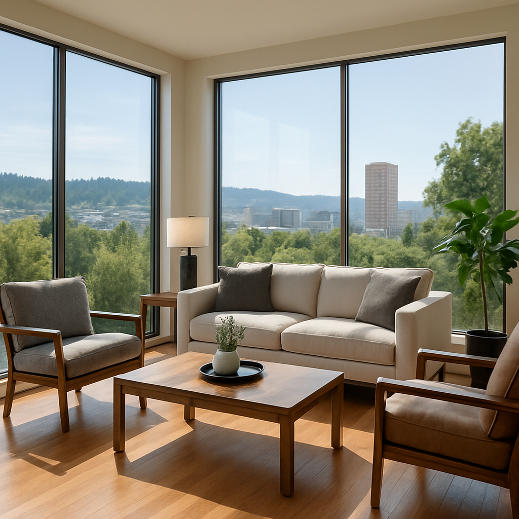 Photo realistic image of a modern living room in Portland with large clear windows treated with 3M P