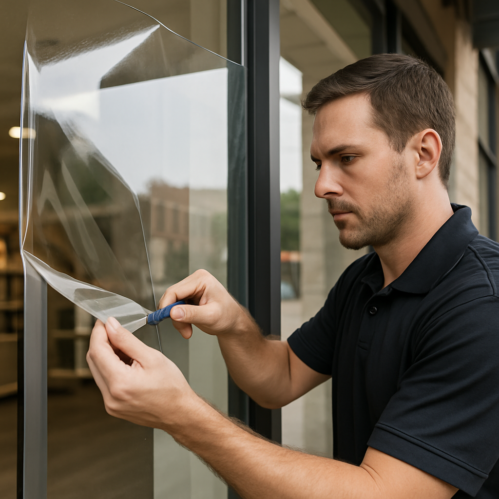 Professional installer applying Vista by LLumar architectural film to a large retail storefront wind