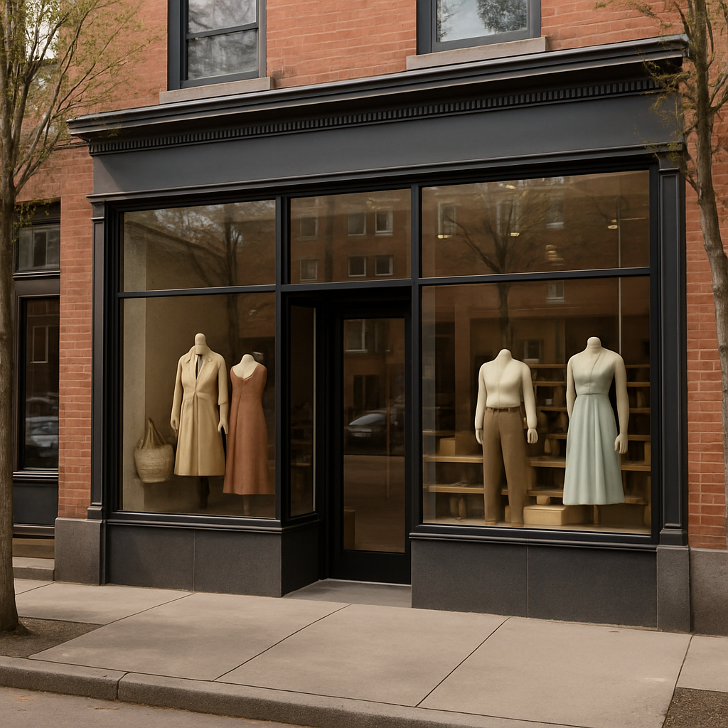 Photo realistic image of a retail storefront in downtown Salem with Madico Sunscape film applied to
