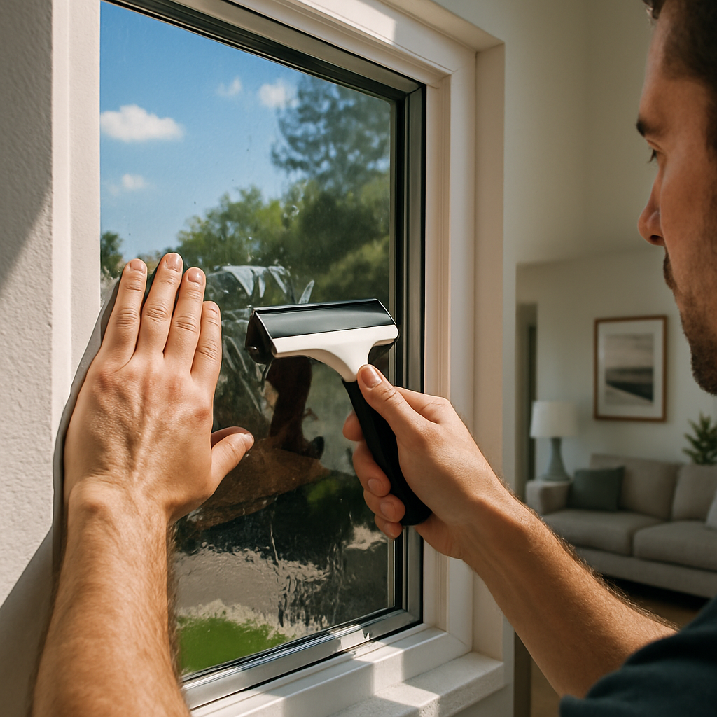 Photo realistic image of a homeowner applying Gila Heat Control DIY window film to a small residenti
