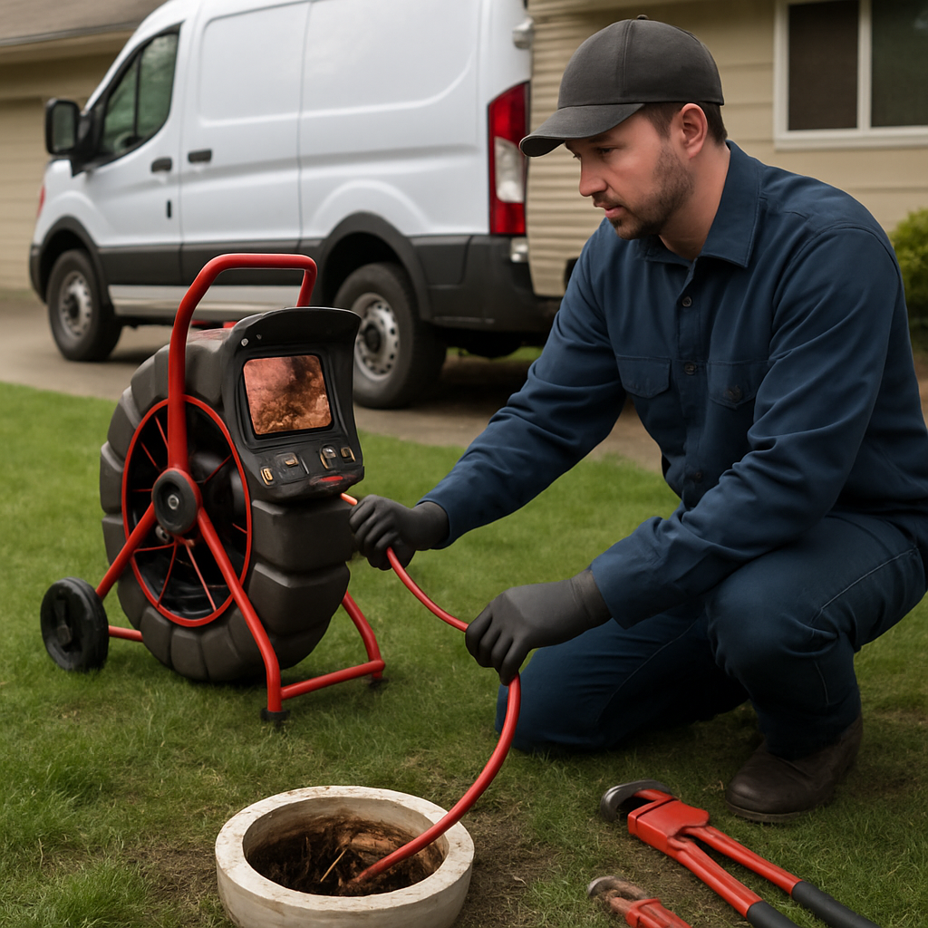 Photo realistic image of a Portland plumber inserting a RIDGID SeeSnake camera into a residential se