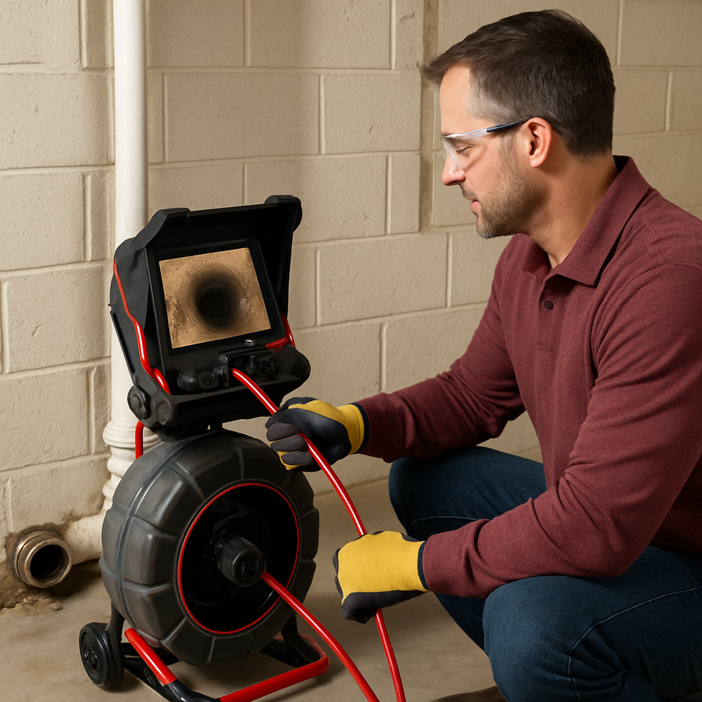 Technician performing a video camera inspection of a residential sewer line with a RIDGID SeeSnake m