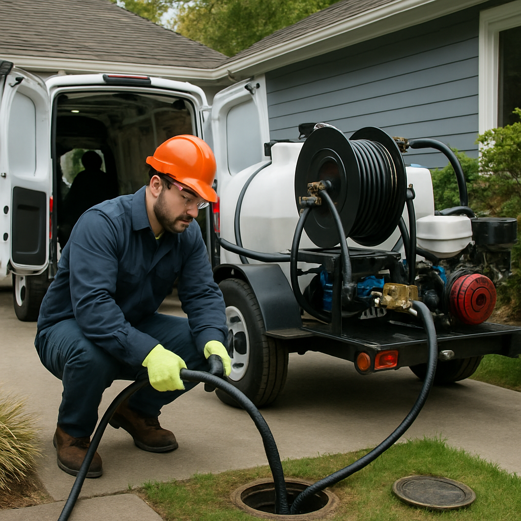 Professional plumber operating a hydro-jetting trailer unit beside a service van in a Portland resid