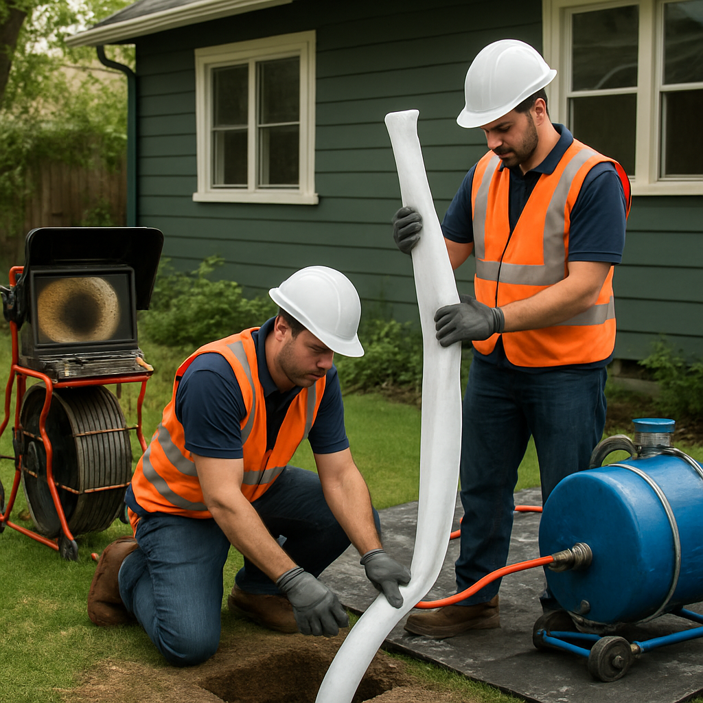 Photo realistic image of a plumbing crew performing a cured-in-place pipe lining setup in a resident