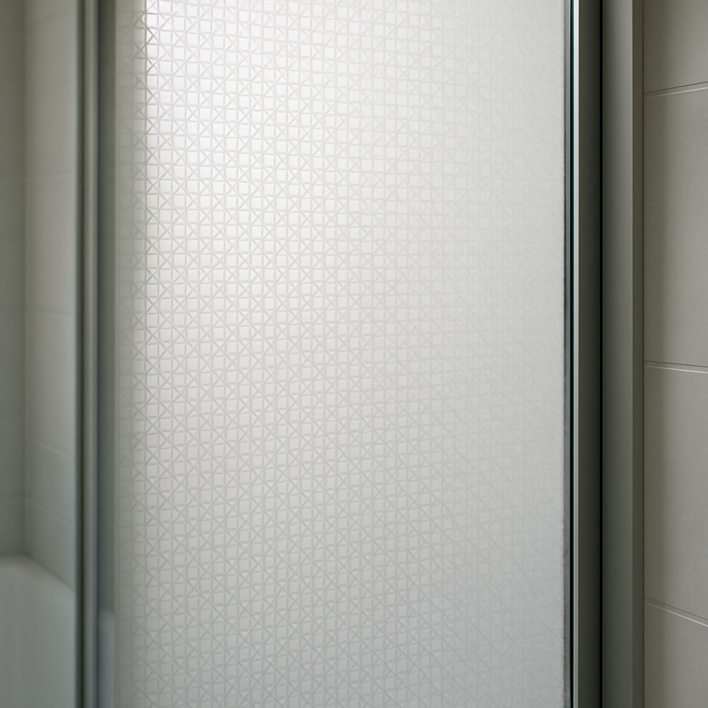 Close-up photo of a modern bathroom shower door with 3M Fasara geometric frosted film applied, showi