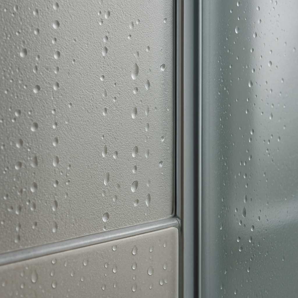 Close-up photo realistic image of a frosted adhesive privacy film on a shower glass door with visibl