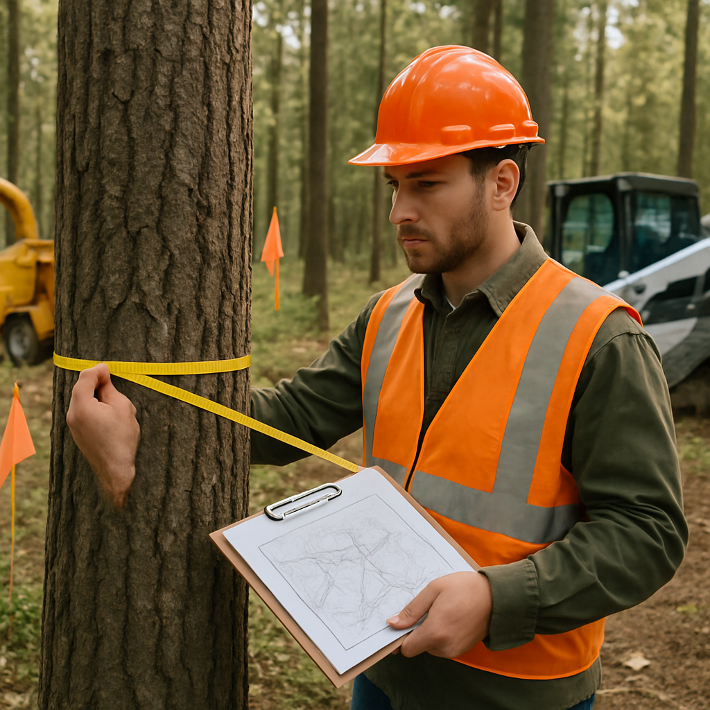 Photo realistic image of a forester measuring tree DBH with a diameter tape, flagged trees and a mar