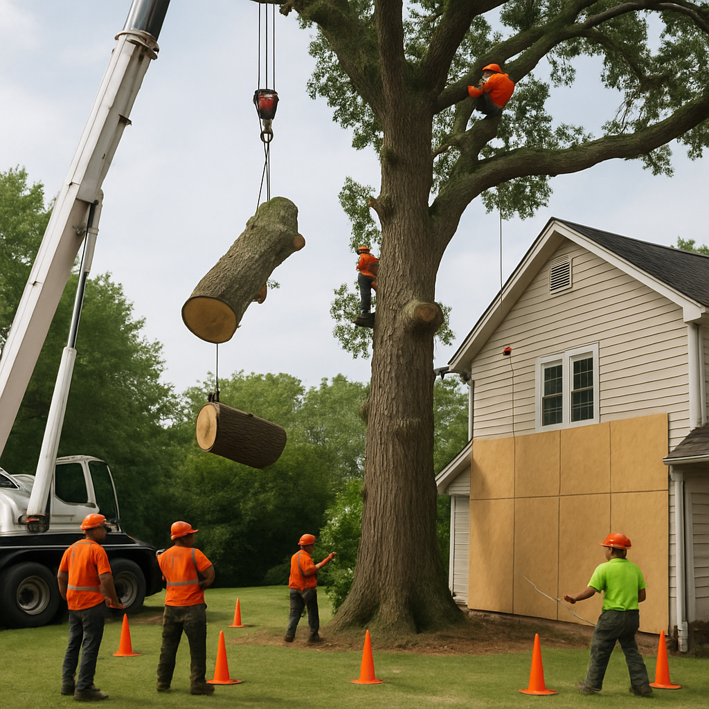 Professional tree removal crew dismantling a large oak near a house using a crane and ground crew wi