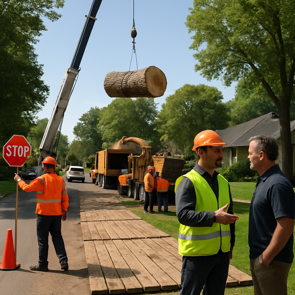 Photo realistic image of a residential tree logging scene showing a crane lowering large tree sectio