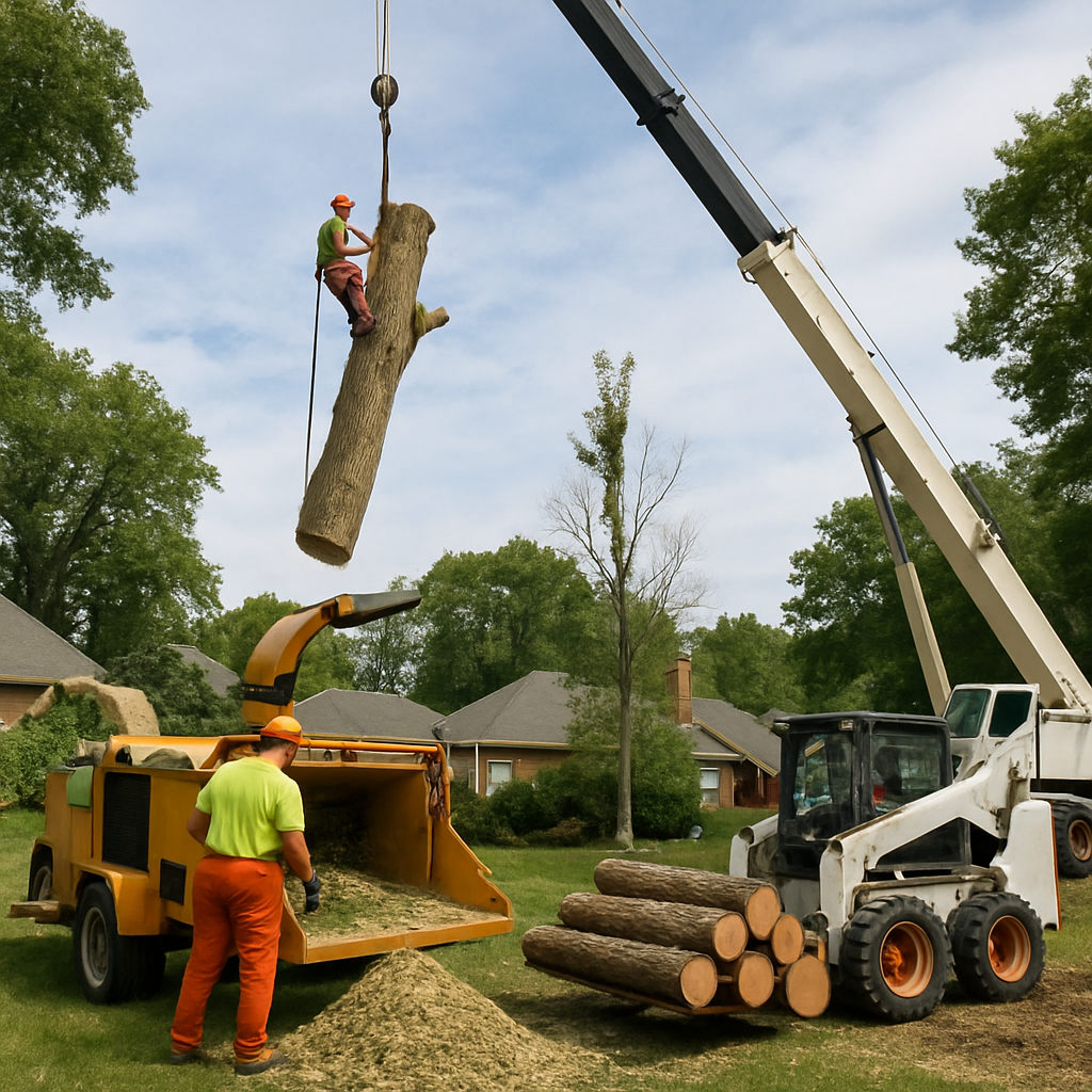 Professional logging crew on a residential lot using a crane to remove a large tree while a chipper