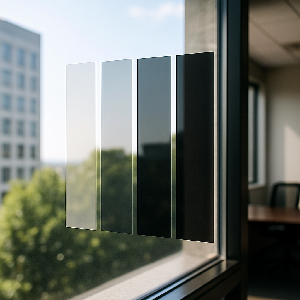Photo realistic close-up of window film sample swatches on clear glass with sunlight on one side and