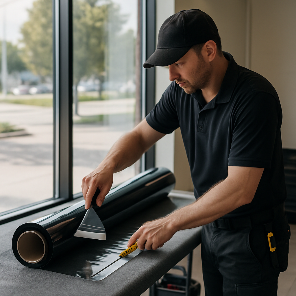Professional window film installer measuring and cutting a roll of 3M Prestige film inside a commerc