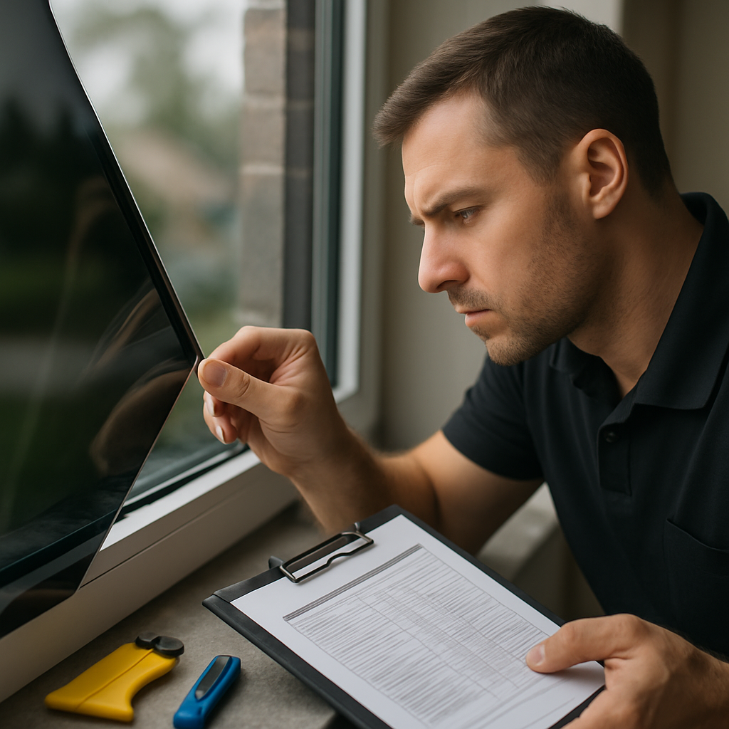 Professional window film installer inspecting film edge and adhesive near a large residential window