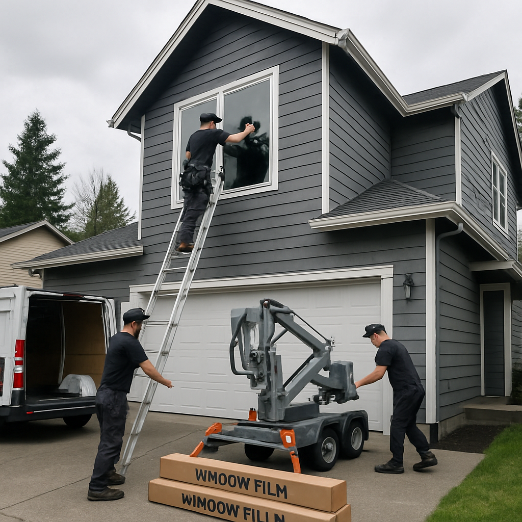 A professional window tint installer on a ladder outside a two story Oregon house, crew unloading li