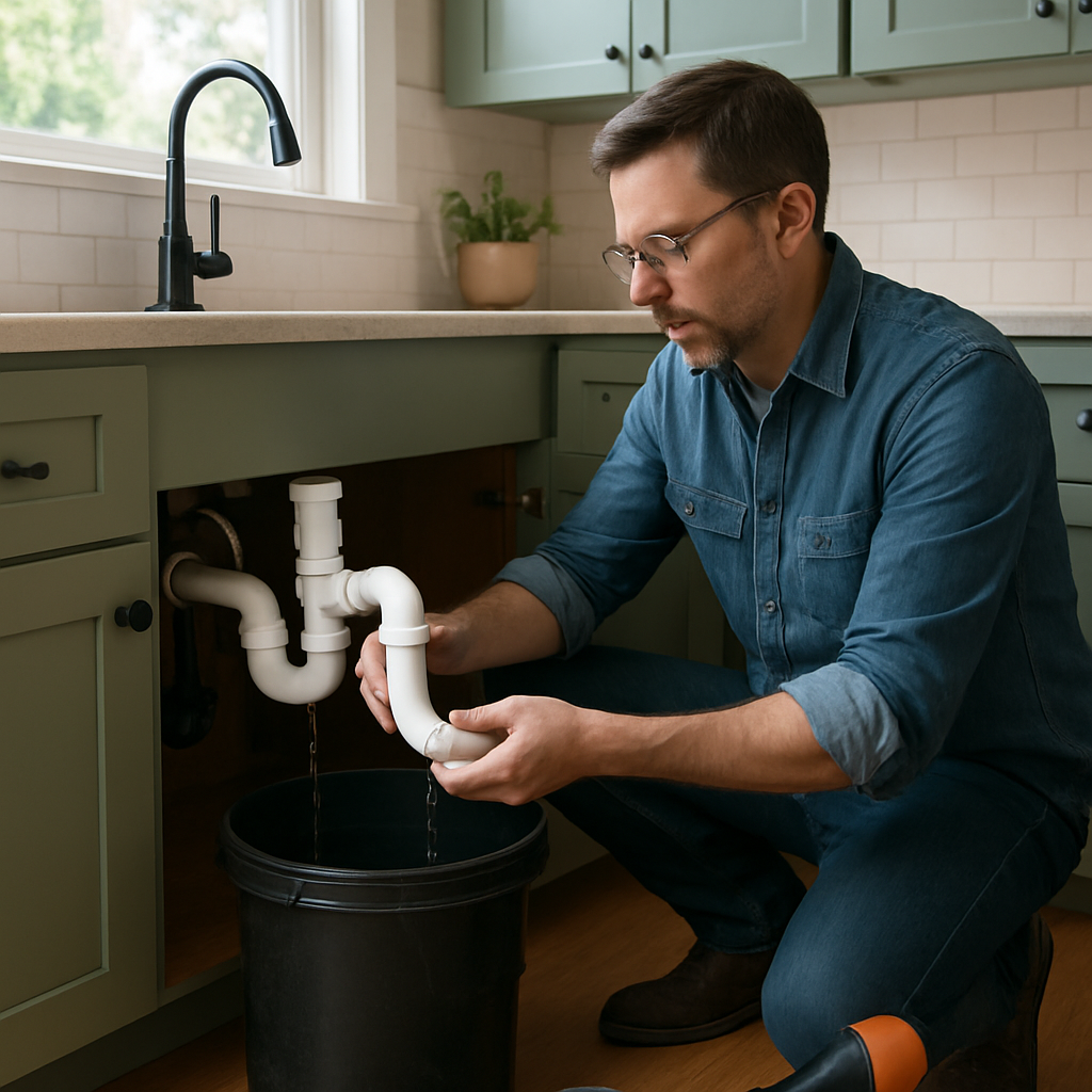 Photo realistic image of a homeowner in a Portland kitchen removing a P-trap with a bucket underneat