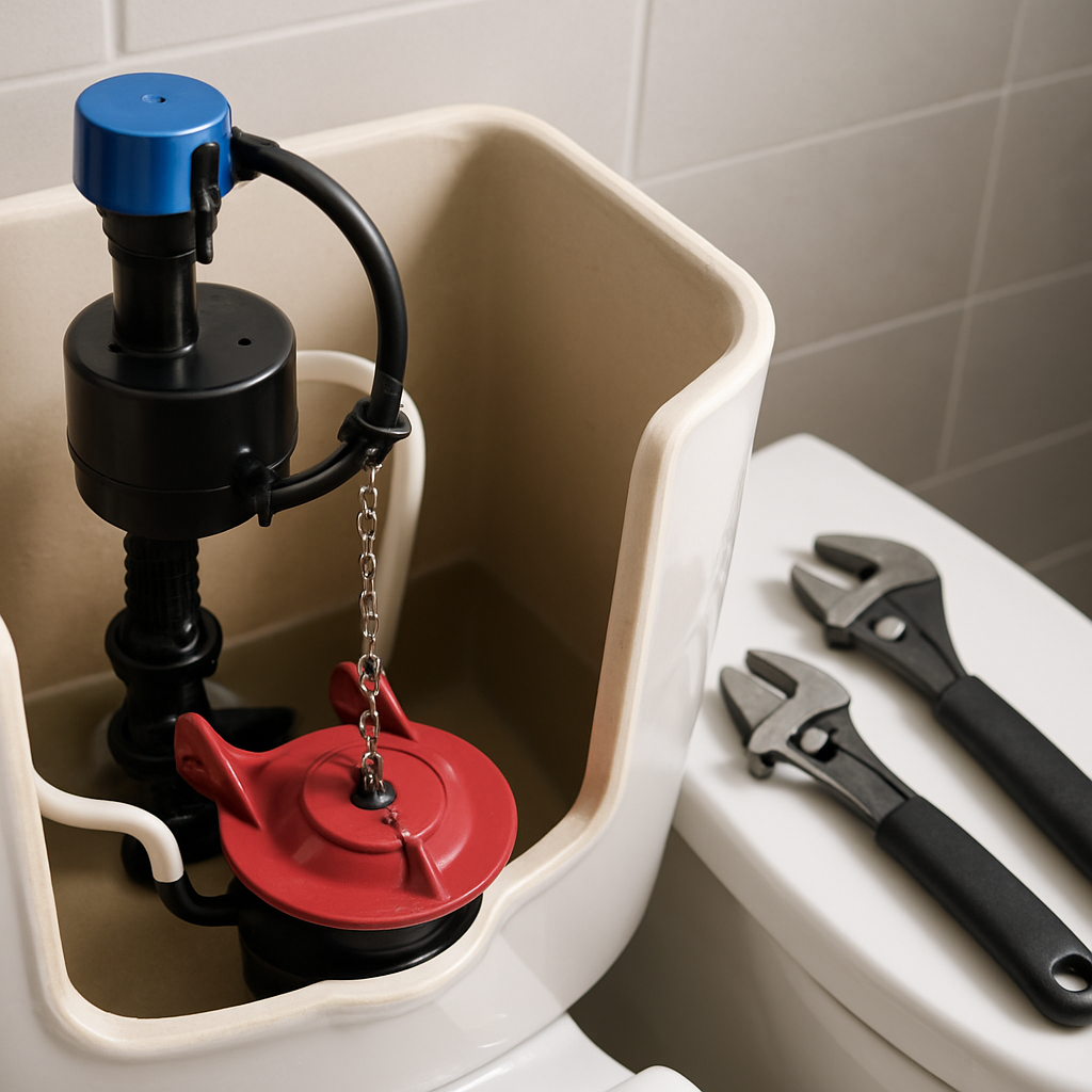 Close up photo realistic image of an open toilet tank showing a new Fluidmaster 502 flapper installe