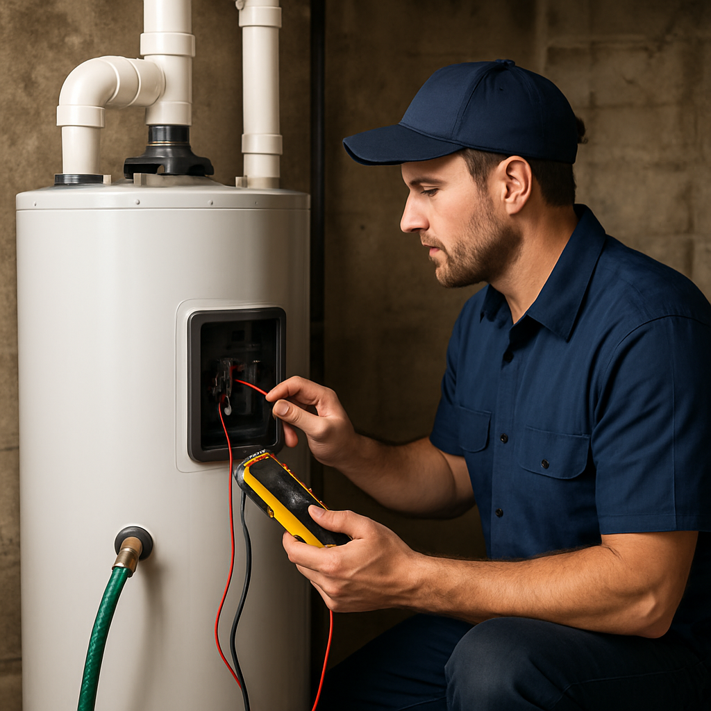 A licensed plumber inspecting a residential water heater in a Portland basement, technician using a
