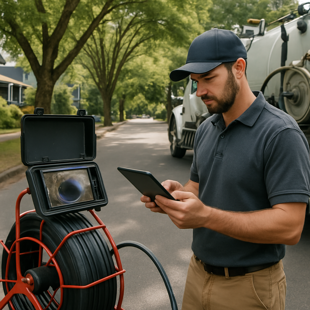 Photo-realistic image of a Portland residential street with mature trees, a technician operating a s