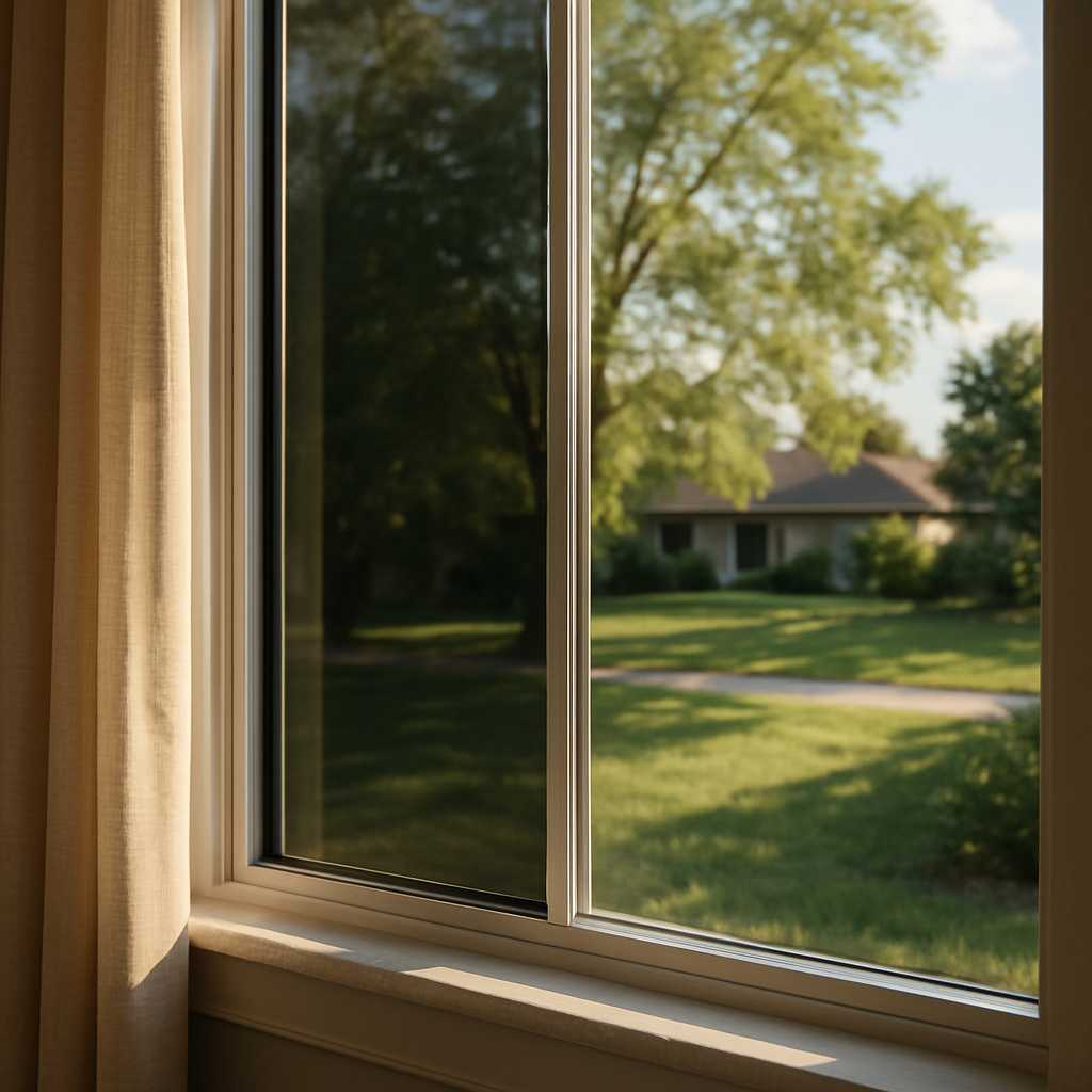 Close up photo realistic image of a residential window with half of the glass showing applied spectr