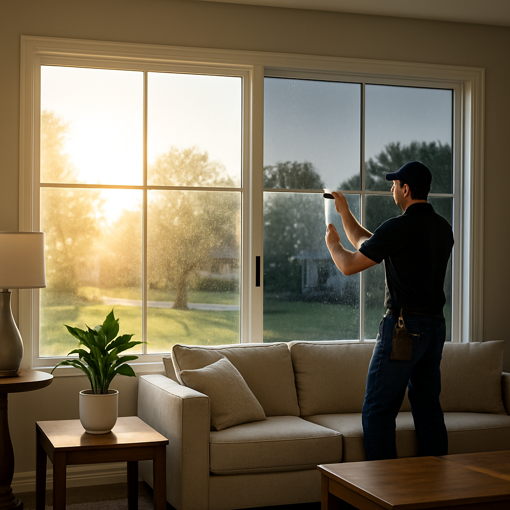 Photo-realistic image of a residential living room with large west-facing windows showing half treat