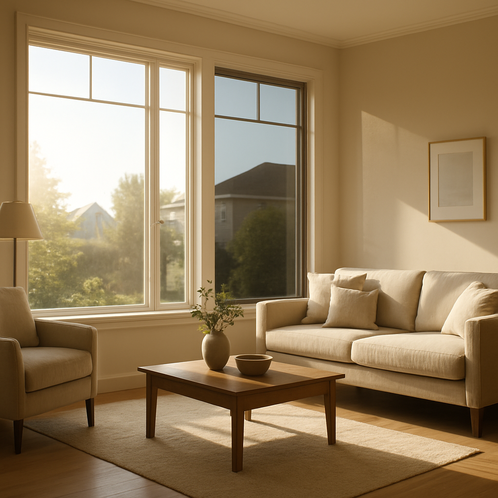 Photo-realistic image of a sunlit living room with large west-facing windows showing half the window