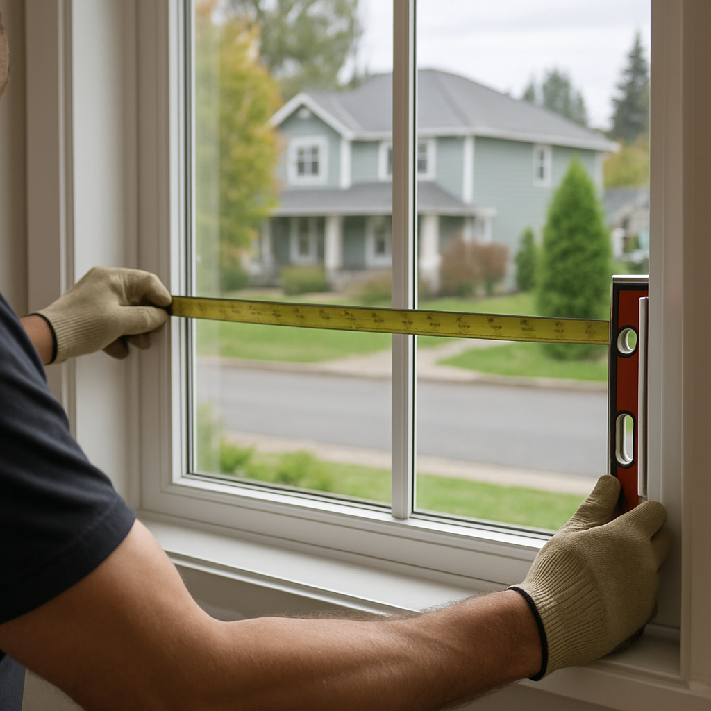 Photo realistic image of a residential window being measured by an installer for spectrally selectiv