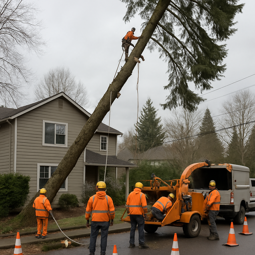 Professional tree service crew removing a leaning Douglas fir near a Beaverton home, safety cones an