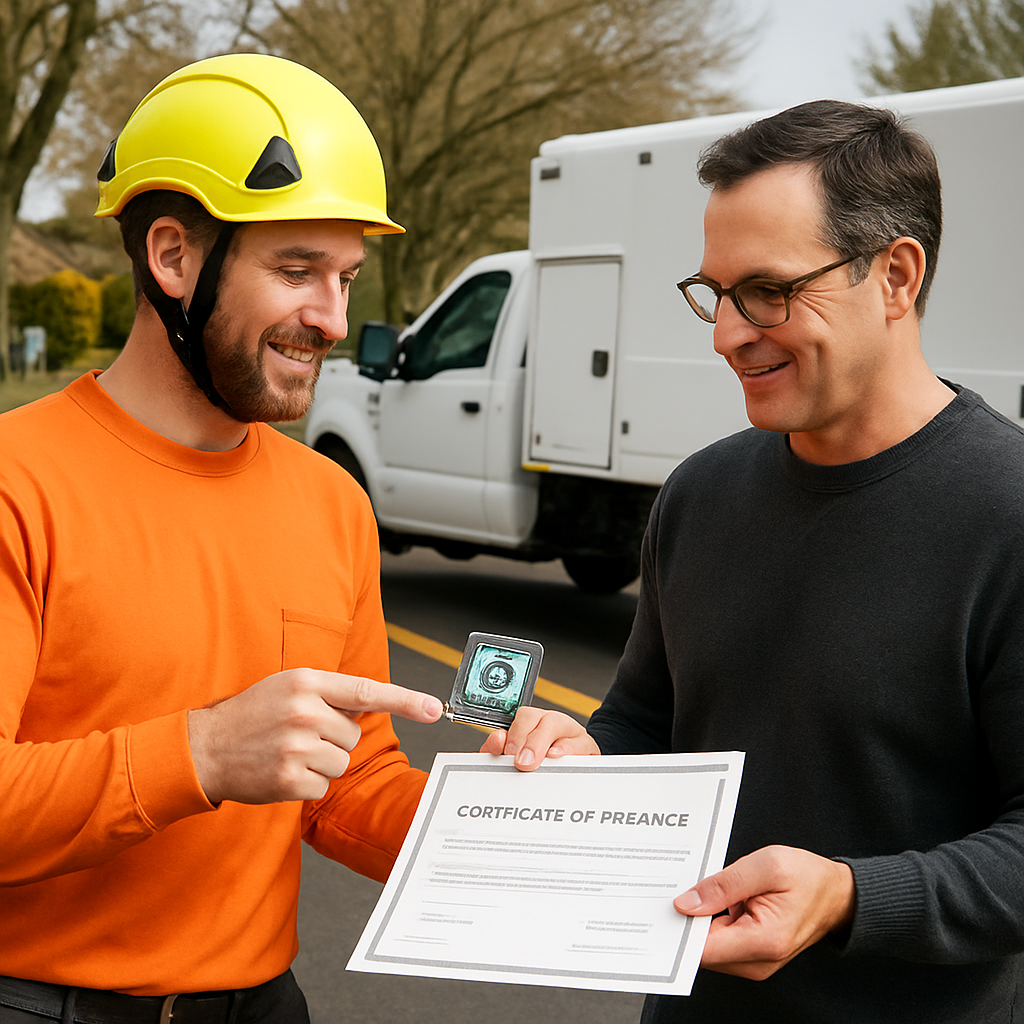 A professional arborist handing a homeowner a certificate of insurance and pointing at an ISA certif