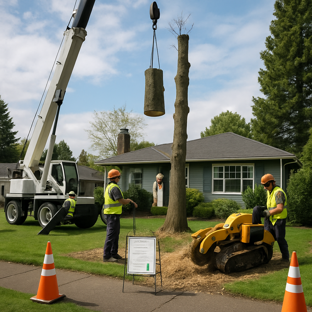 Photo realistic image of a licensed tree crew in a Beaverton suburban yard using a crane and stump g