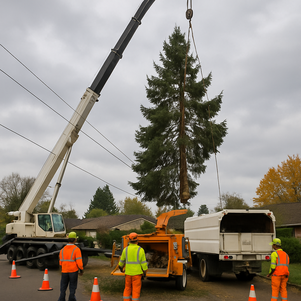 Photo realistic image of a professional tree crew in suburban Beaverton removing a large evergreen w
