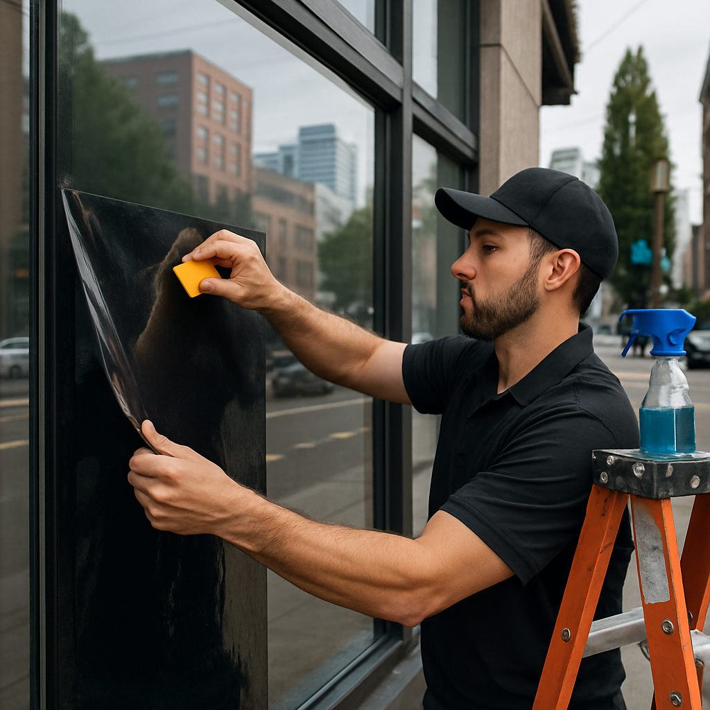 Professional installer applying security tinted window film to a commercial storefront in Portland