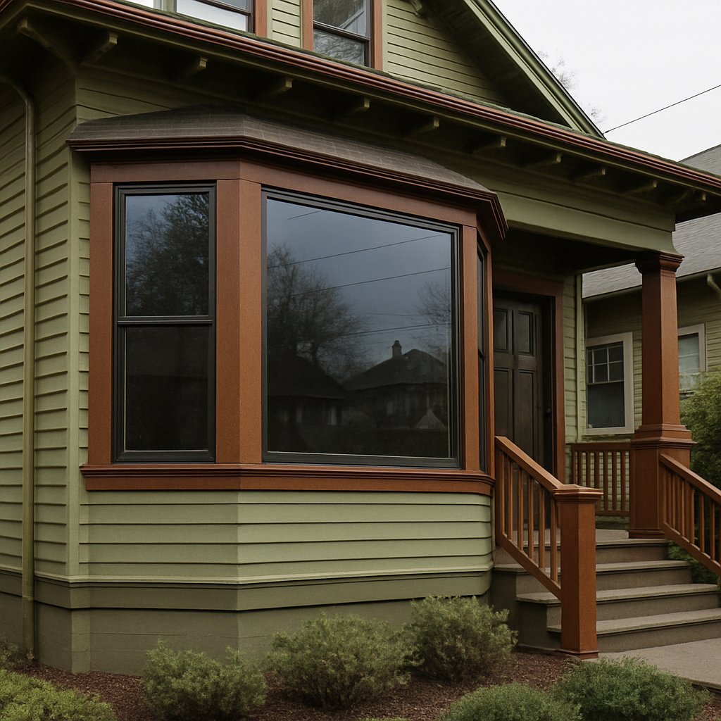 Photo realistic image of a Portland Craftsman home front with bay windows showing low-reflective sec