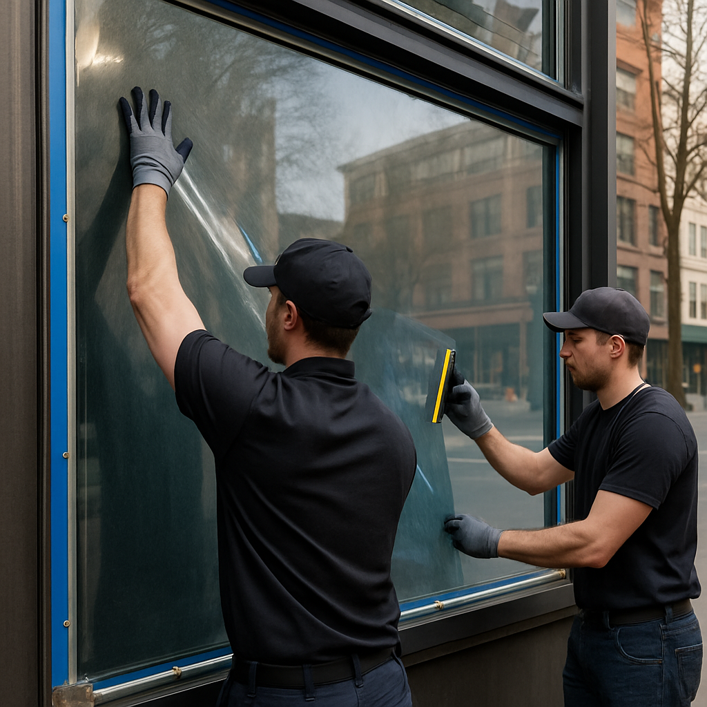 Professional installation crew applying clear 12 mil security tinted film to a downtown Portland ret