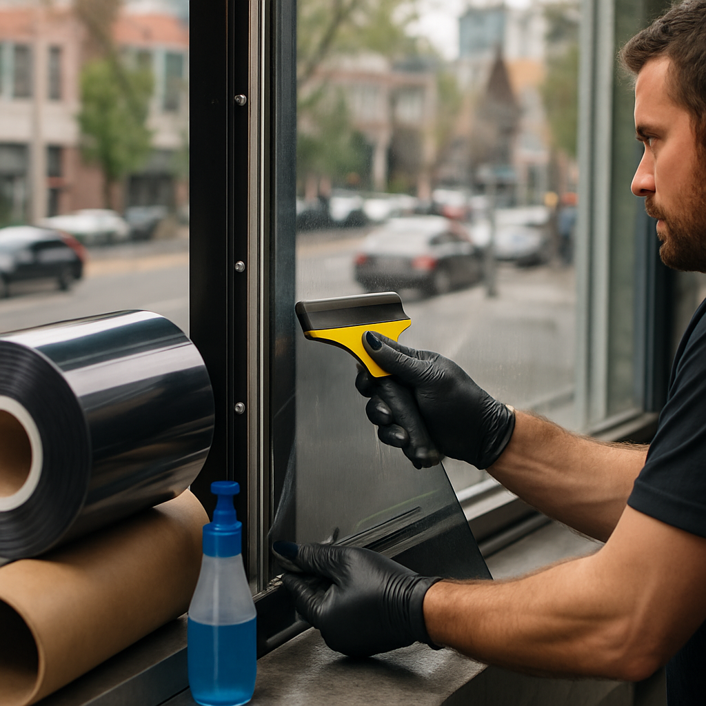Close up photo realistic image of a technician applying a security tinted window film to a storefron