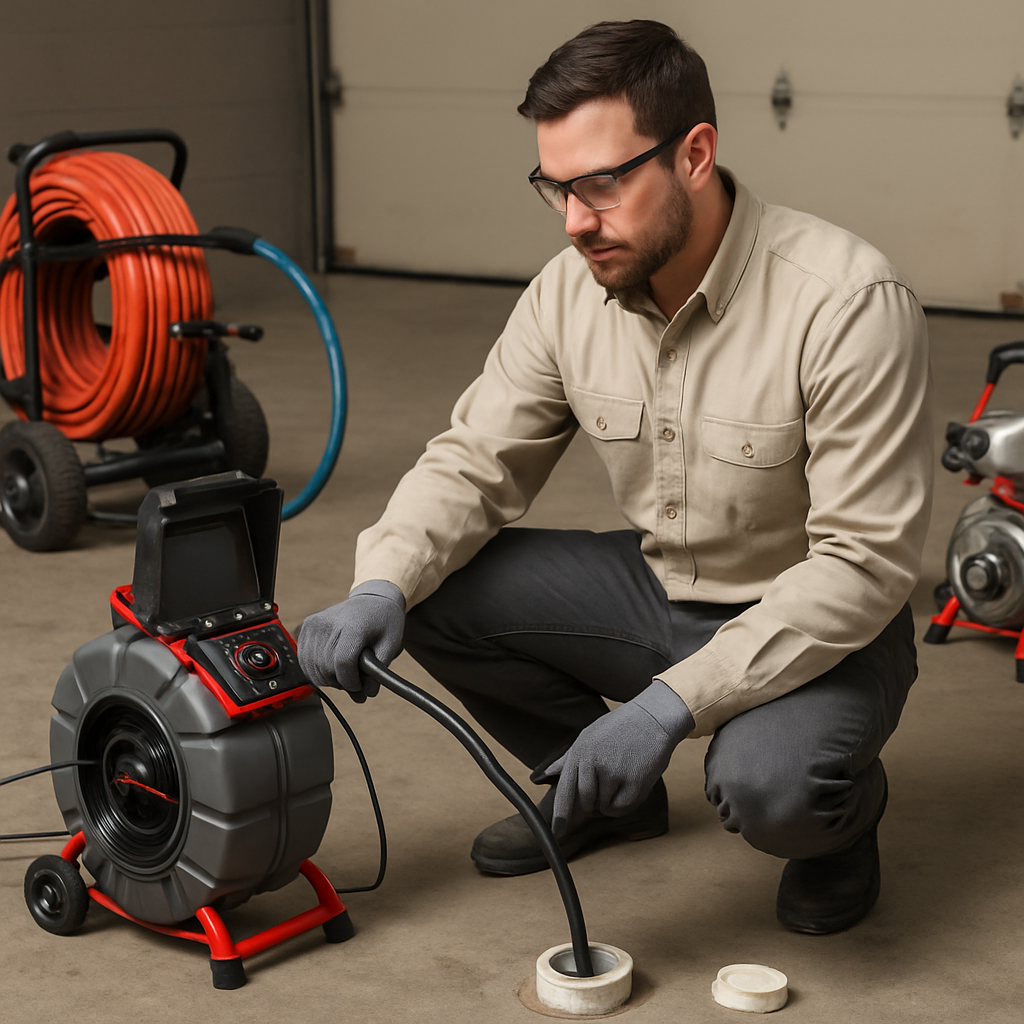 Photo realistic image of a plumber using a RIDGID drain camera on a cleanout, with a hydro jetting h