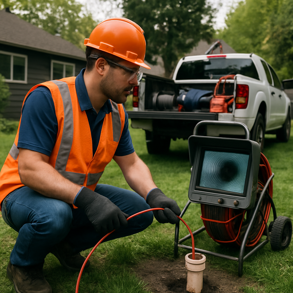 Professional plumber performing a sewer camera inspection at an outdoor cleanout in a residential Po
