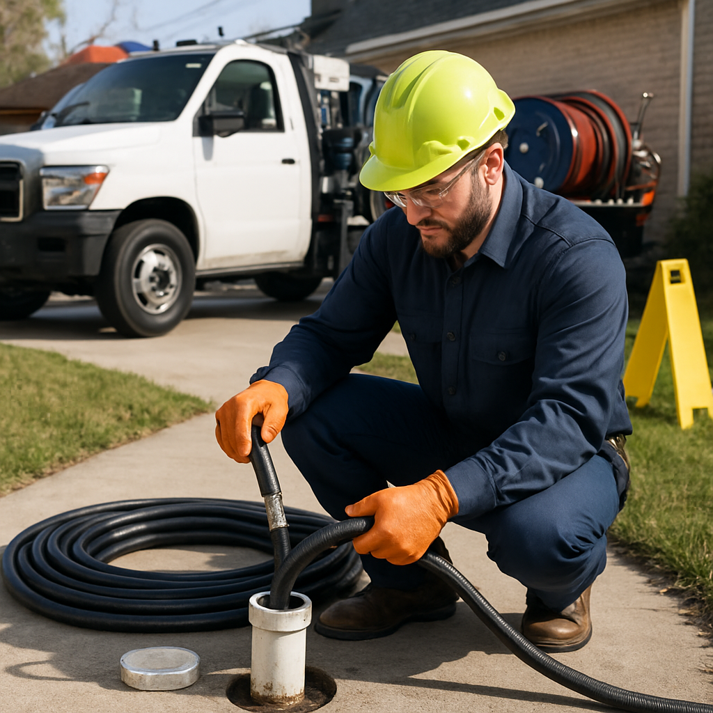 Photo realistic image of a technician preparing a hydro jetting hose at a residential sewer cleanout