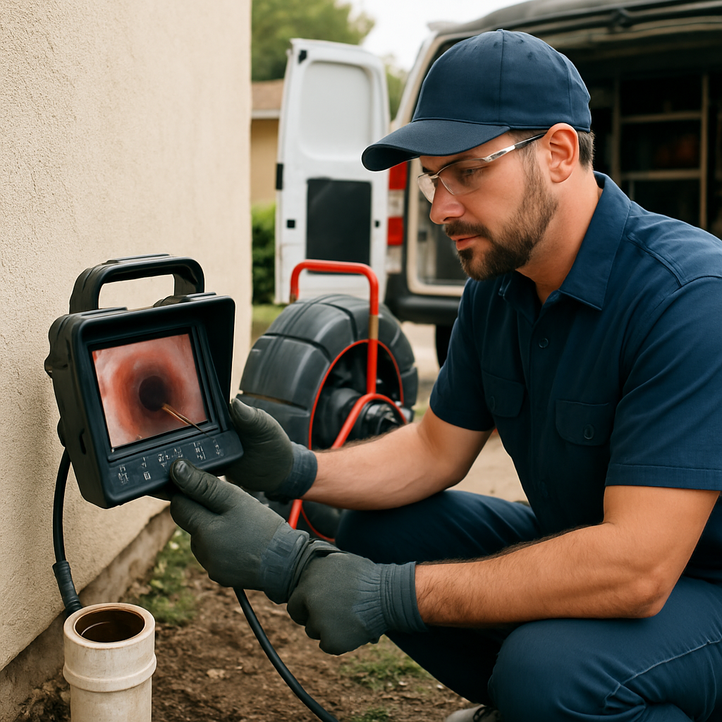 Photo realistic image of a licensed plumber performing a camera inspection at a residential exterior