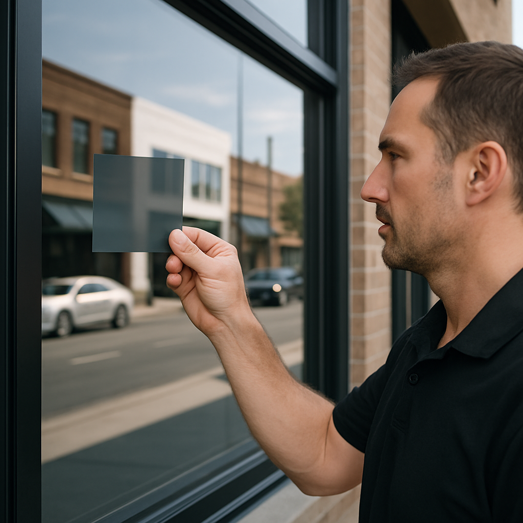 Close-up photo realistic image of a commercial storefront being inspected after professional window