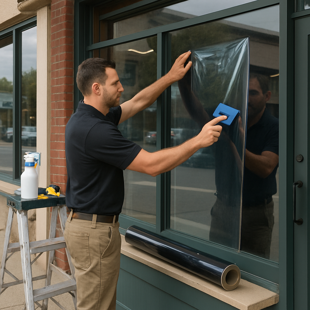 Professional technician applying spectrally selective window film on a commercial storefront in dayl