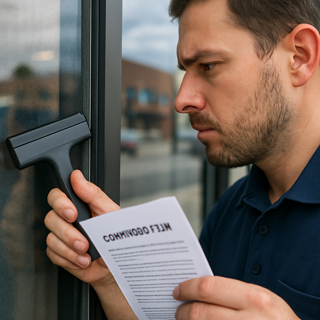 Technician inspecting a recently installed commercial window film on a storefront in Klamath Falls
