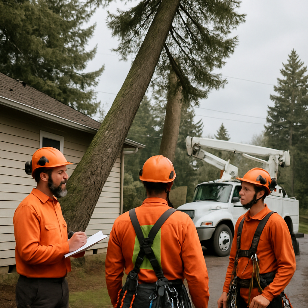 Professional arborist crew assessing a leaning Douglas fir next to a house in Gresham, clipboard, bu