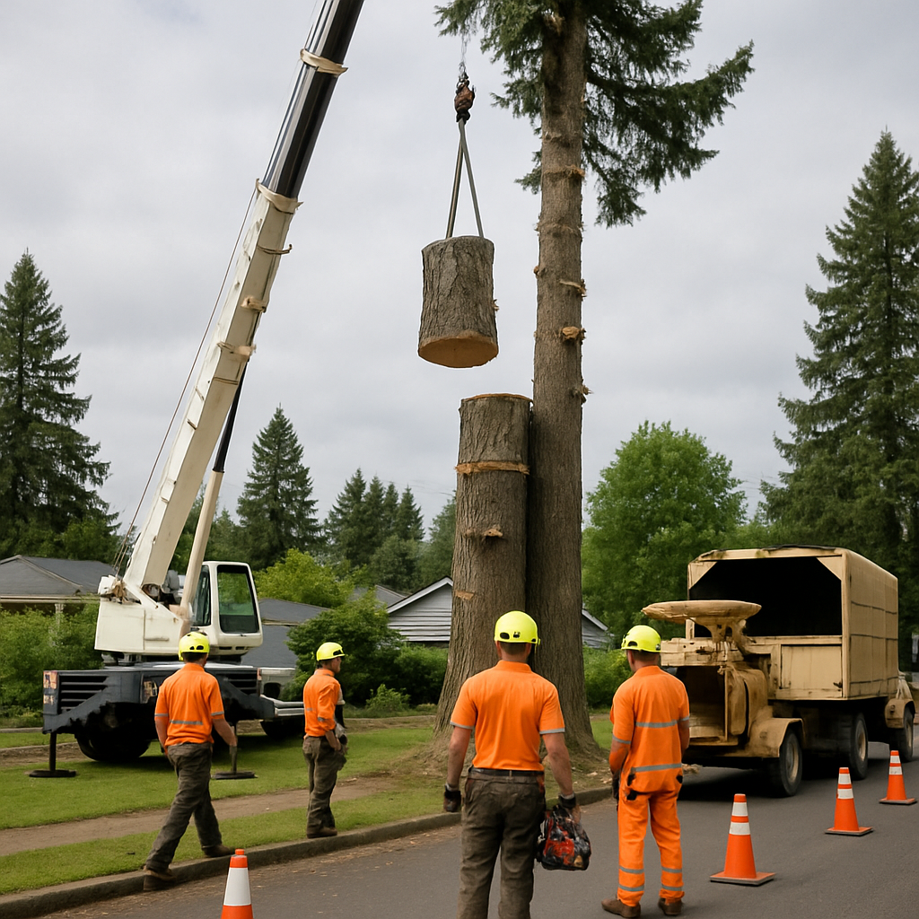Professional arborist crew removing a large Douglas fir in a suburban Gresham yard with crane and se