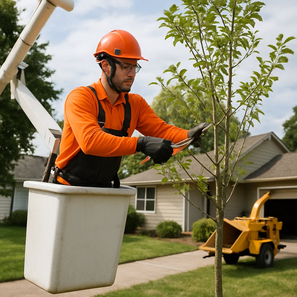 Professional arborist performing formative pruning on a young street tree in a Gresham residential y