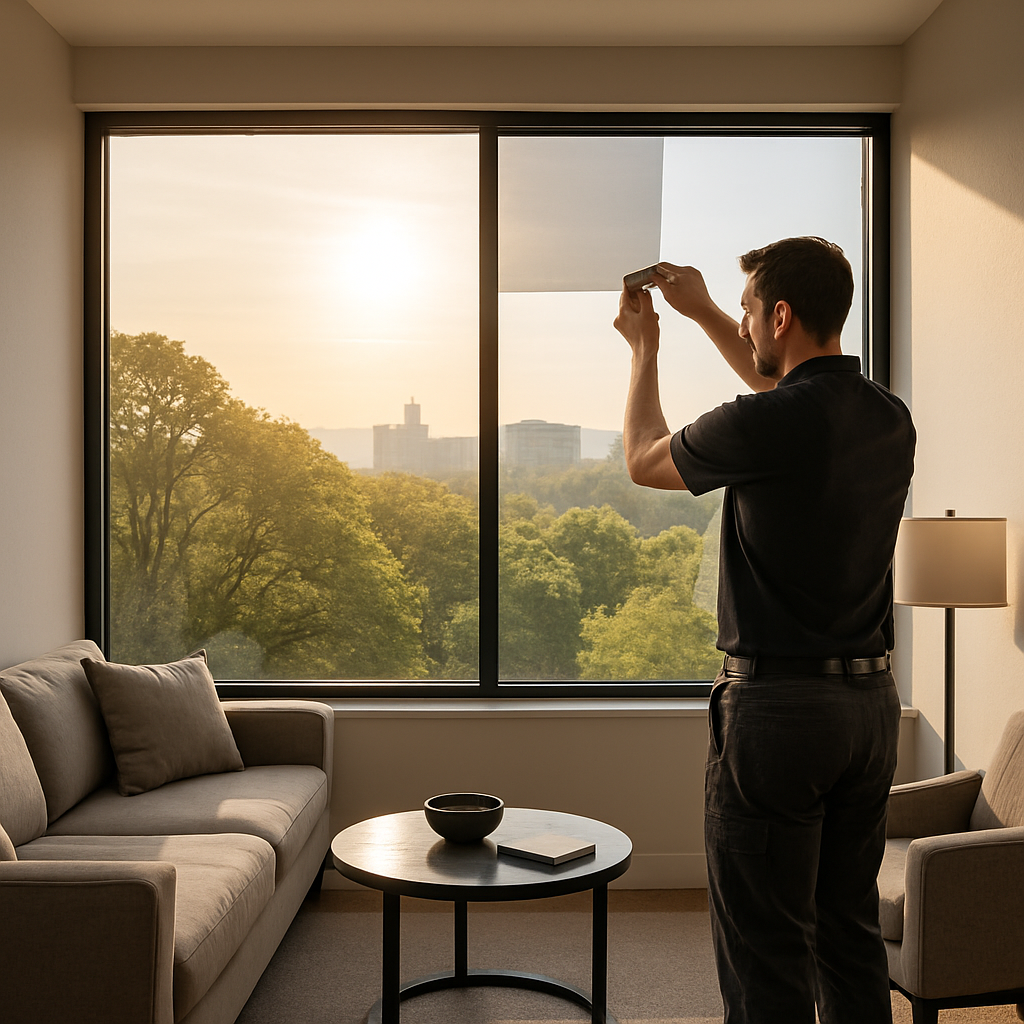 Photo realistic image of a Portland living room with a large west-facing window showing afternoon gl